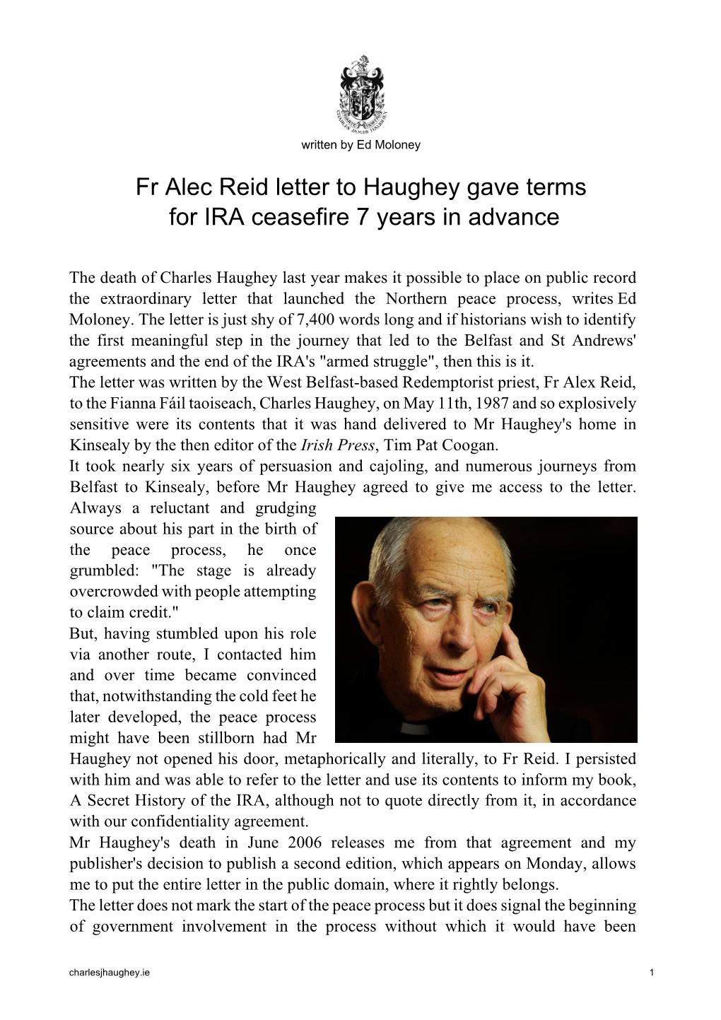 Fr Alec Reid Letter to Haughey Gave Terms for IRA Ceasefire 7 Years in Advance
