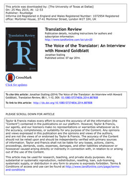 The Voice of the Translator: an Interview with Howard Goldblatt Jonathan Stalling Published Online: 07 Apr 2014