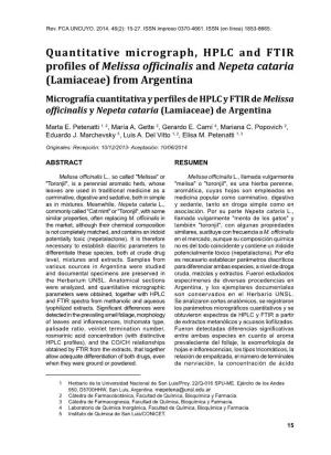 Quantitative Micrograph, HPLC and FTIR Profiles of Melissa Officinalis