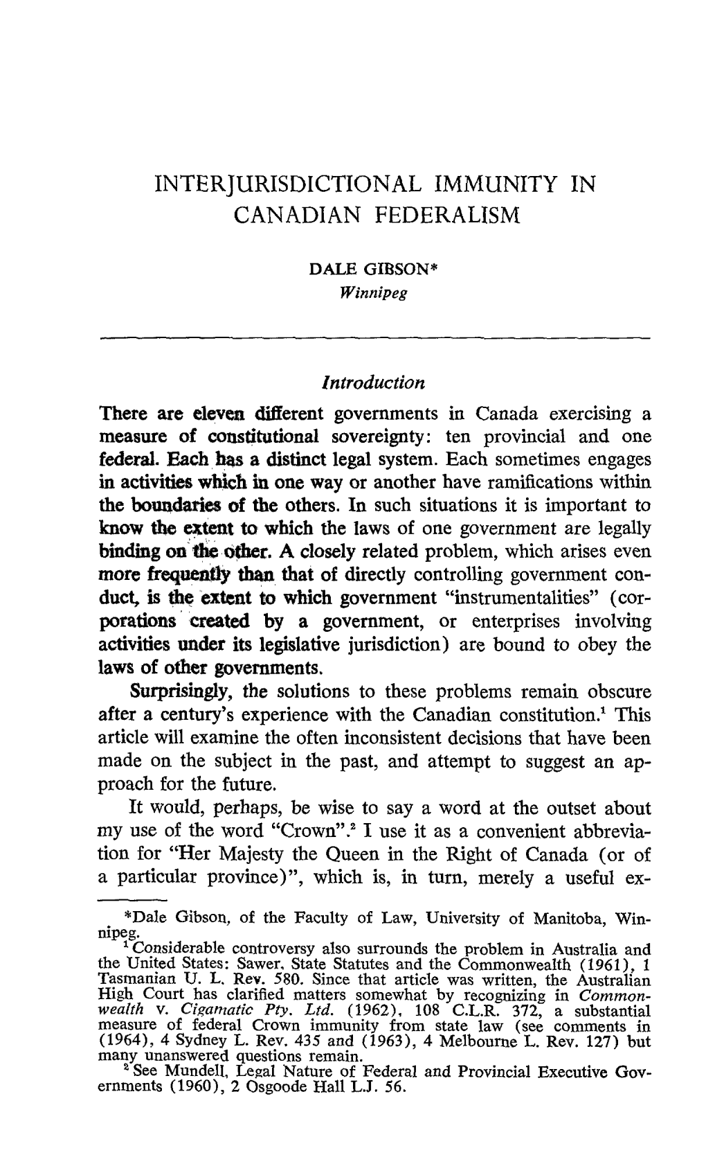 Interjurisdictional Immunity in Canadian Federalism