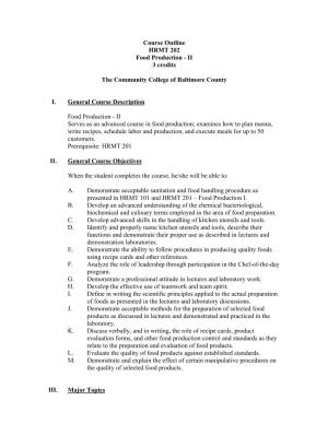 Course Outline HRMT 202 Food Production - II 3 Credits