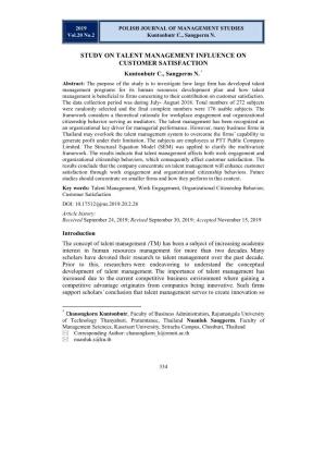 STUDY on TALENT MANAGEMENT INFLUENCE on CUSTOMER SATISFACTION Kuntonbutr C., Sangperm N
