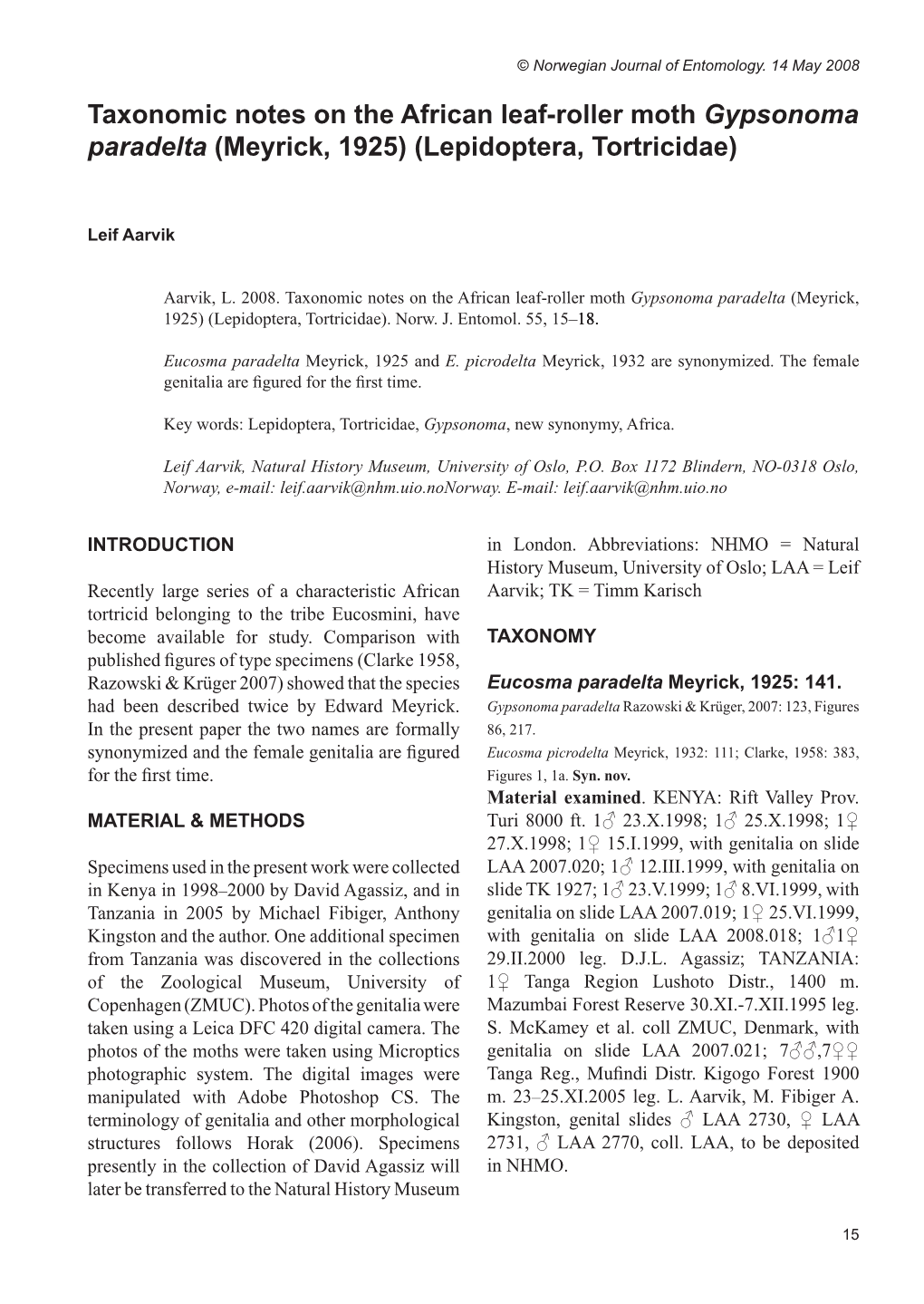 Taxonomic Notes on the African Leaf-Roller Moth Gypsonoma Paradelta (Meyrick, 1925) (Lepidoptera, Tortricidae)