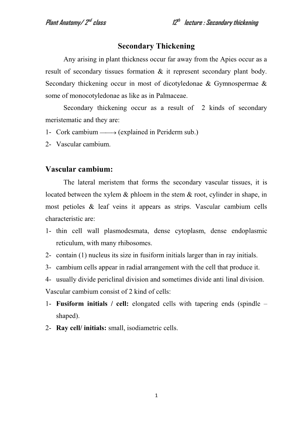 Secondary Thickening Vascular Cambium