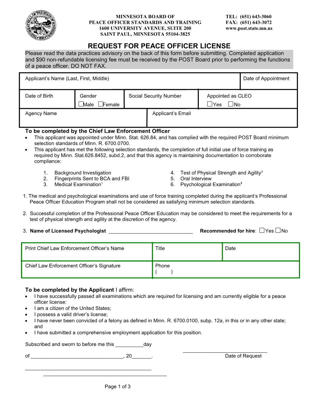 Request for Peace Officer License