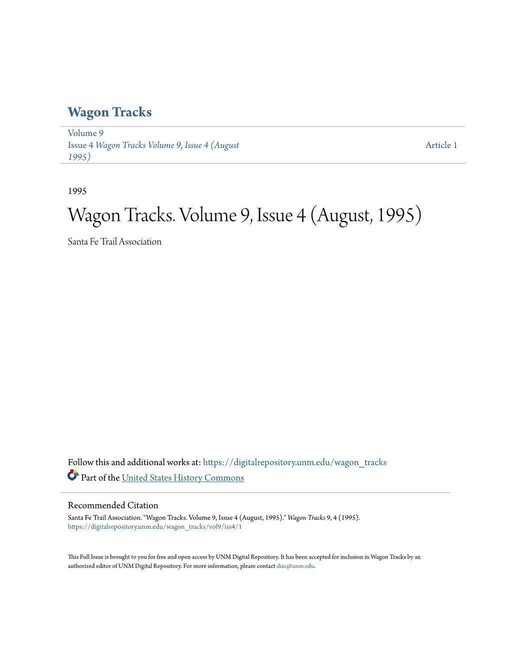 Wagon Tracks. Volume 9, Issue 4 (August, 1995) Santa Fe Trail Association