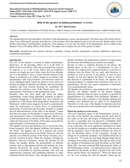 75 Role of the Speaker in Indian Parliament