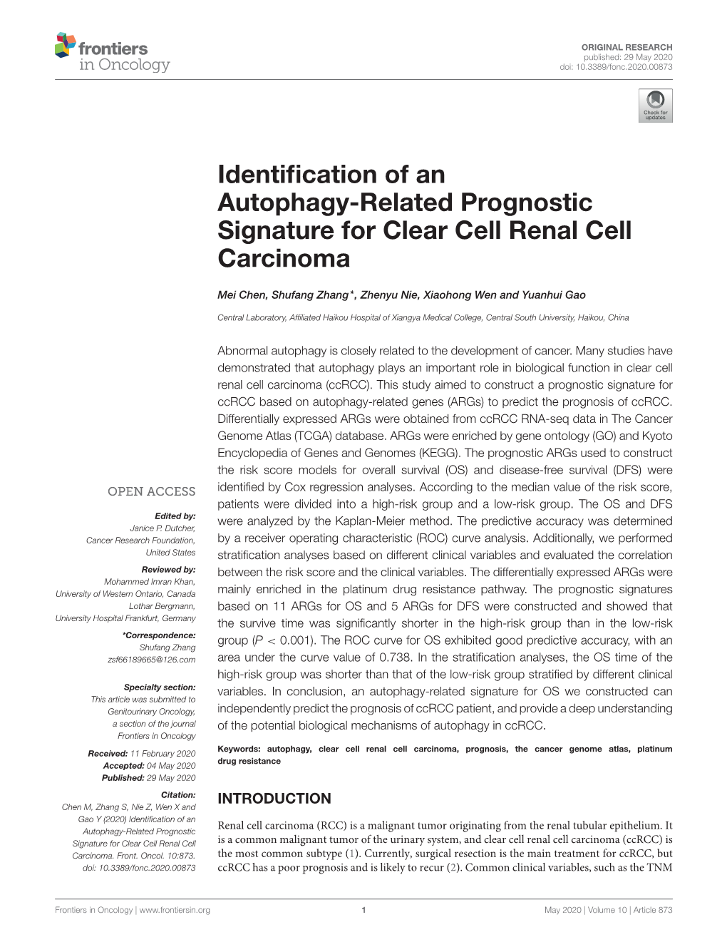 Identification of an Autophagy-Related Prognostic