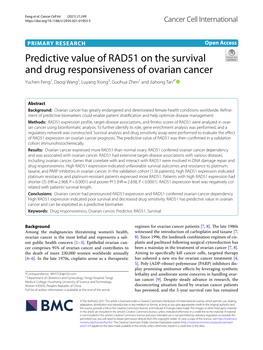 Predictive Value of RAD51 on the Survival and Drug Responsiveness of Ovarian Cancer Yuchen Feng1, Daoqi Wang2, Luyang Xiong3, Guohua Zhen1 and Jiahong Tan4*