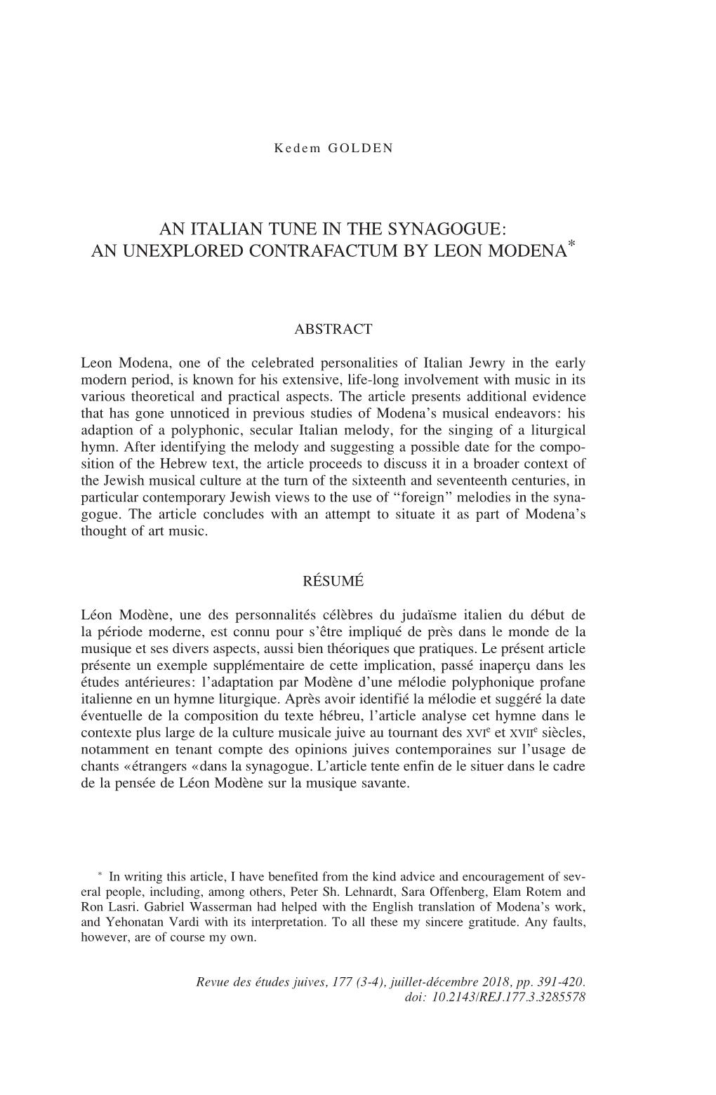 An Italian Tune in the Synagogue: an Unexplored Contrafactum by Leon Modena∗