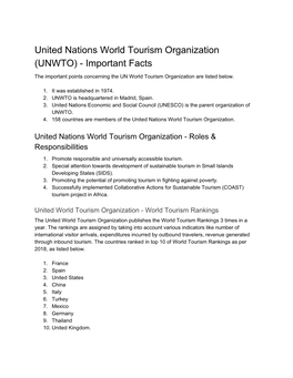 United Nations World Tourism Organization (UNWTO) - Important Facts