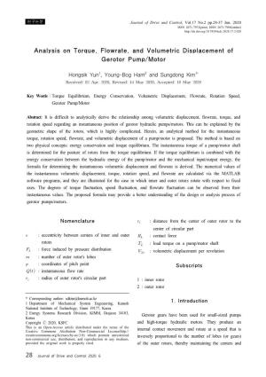 Analysis on Torque, Flowrate, and Volumetric Displacement of Gerotor Pump/Motor