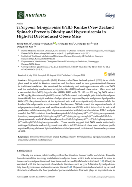 Tetragonia Tetragonoides (Pall.) Kuntze (New Zealand Spinach) Prevents Obesity and Hyperuricemia in High-Fat Diet-Induced Obese Mice