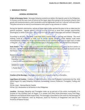 BARANGAY PROFILES 2019 – ITOGON I. BARANGAY PROFILE GENERAL INFORMATION Origin of Barangay Name. Barangay Dalupirip Existed E
