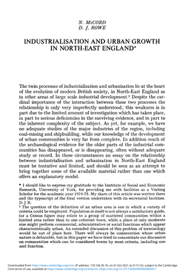 Industrialisation and Urban Growth in North-East England*