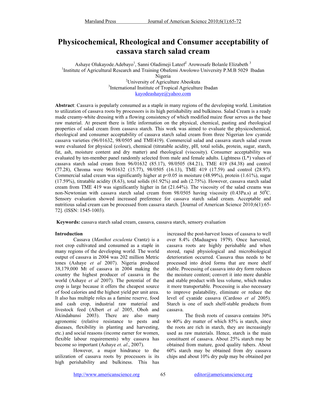 Physicochemical, Rheological and Consumer Acceptability of Cassava Starch Salad Cream