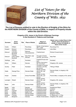 List of Voters for the Southern Division of the County of Wilts