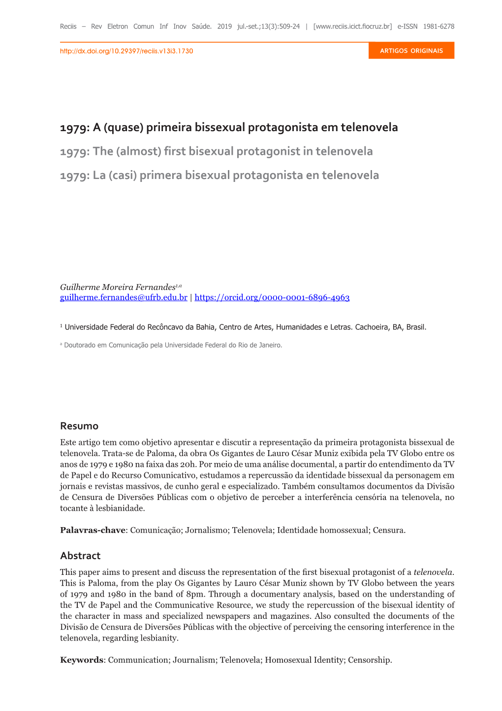 Primeira Bissexual Protagonista Em Telenovela 1979: the (Almost) First Bisexual Protagonist in Telenovela 1979: La (Casi) Primera Bisexual Protagonista En Telenovela