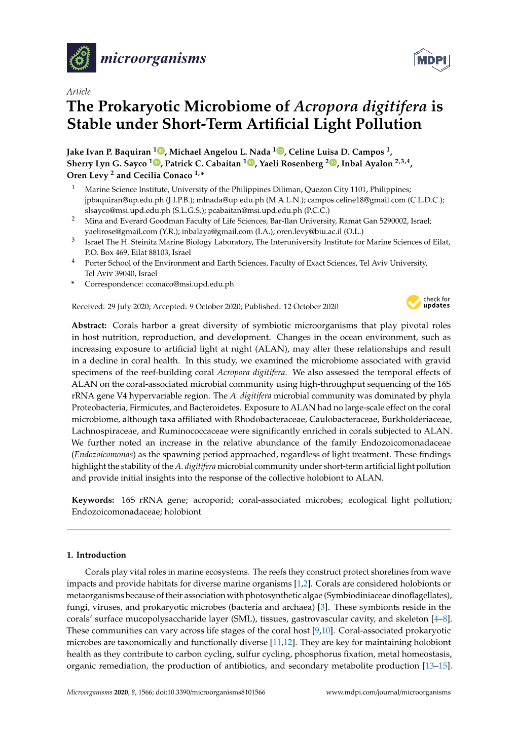 The Prokaryotic Microbiome of Acropora Digitifera Is Stable Under Short-Term Artiﬁcial Light Pollution