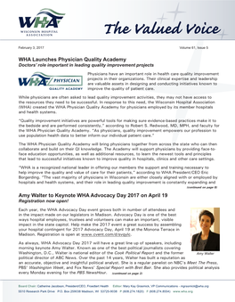 Amy Walter to Keynote WHA Advocacy Day 2017 on April 19 WHA Launches Physician Quality Academy