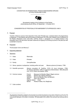 Proposition D'amendement De L'annexe I Ou II Pour La Cop16 De La CITES