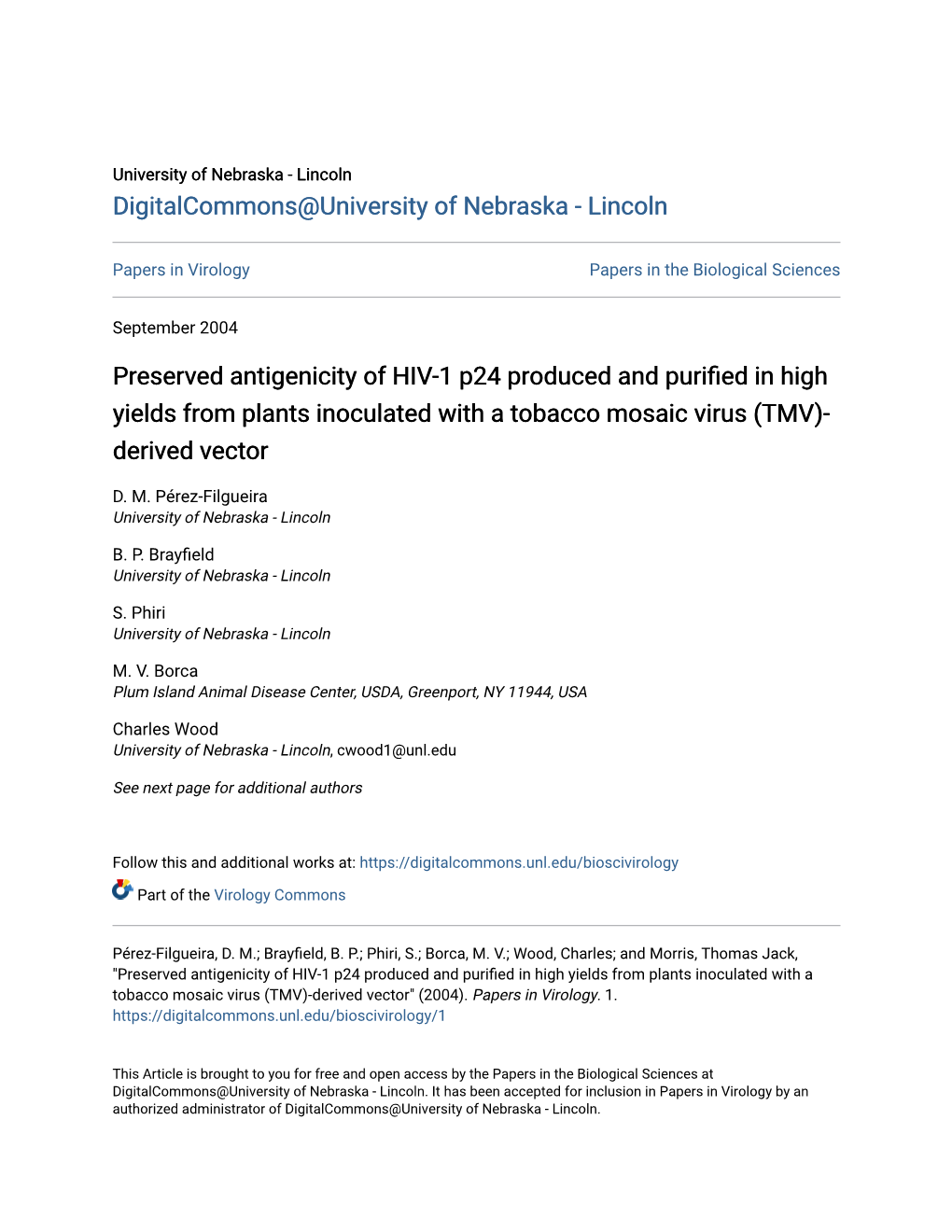 Preserved Antigenicity of HIV-1 P24 Produced and Purified in High Yields from Plants Inoculated with a Tobacco Mosaic Virus (TMV)- Derived Vector