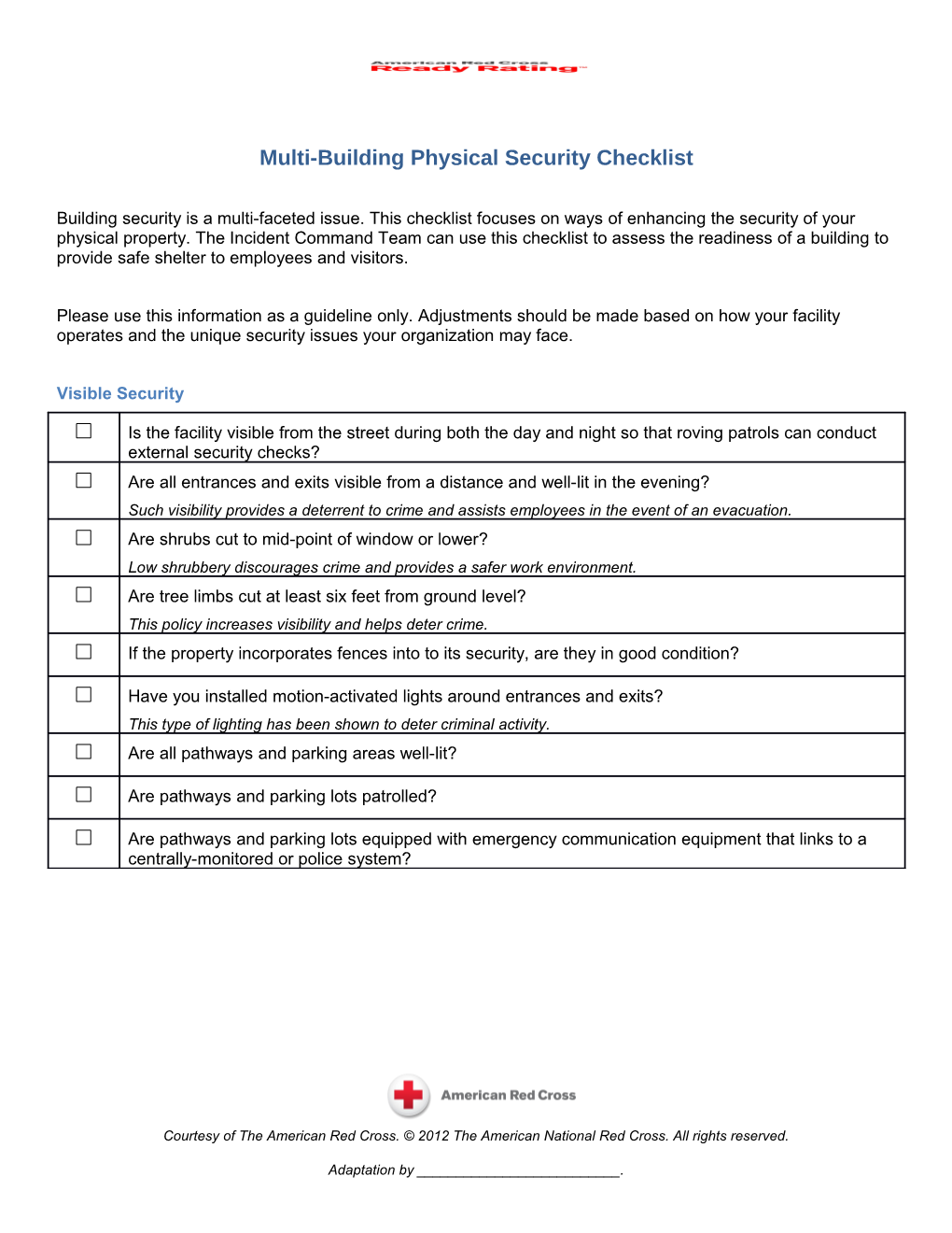 Ready Rating SAMPLE Building Security Checklist