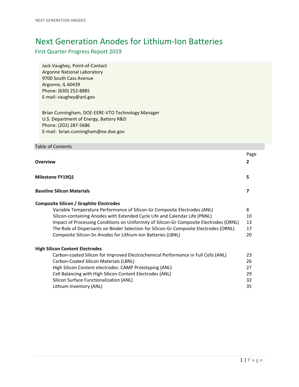 Next Generation Anodes for Lithium-Ion Batteries First Quarter Progress Eport 2019