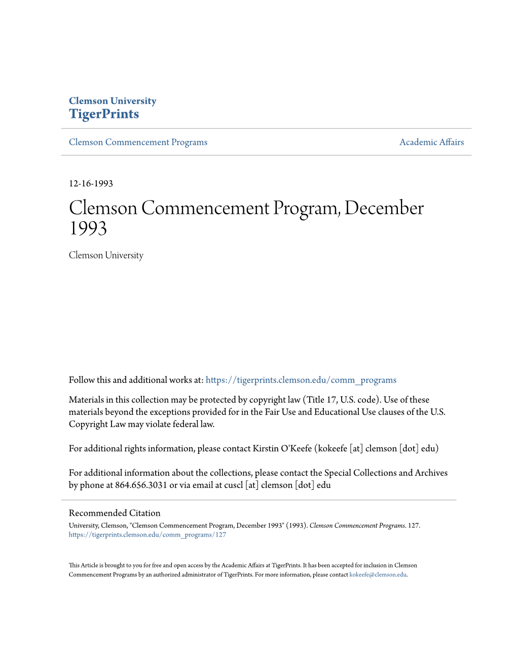 Clemson Commencement Program, December 1993 Clemson University