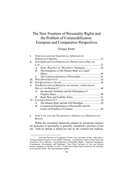 The New Frontiers of Personality Rights and the Problem of Commodification: European and Comparative Perspectives