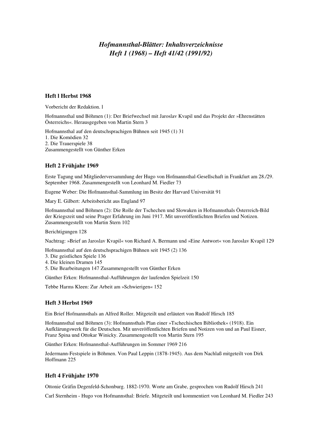 Hofmannsthal-Blätter: Inhaltsverzeichnisse Heft 1 (1968) – Heft 41/42 (1991/92)