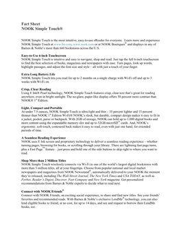NOOK Simple Touch Fact Sheet