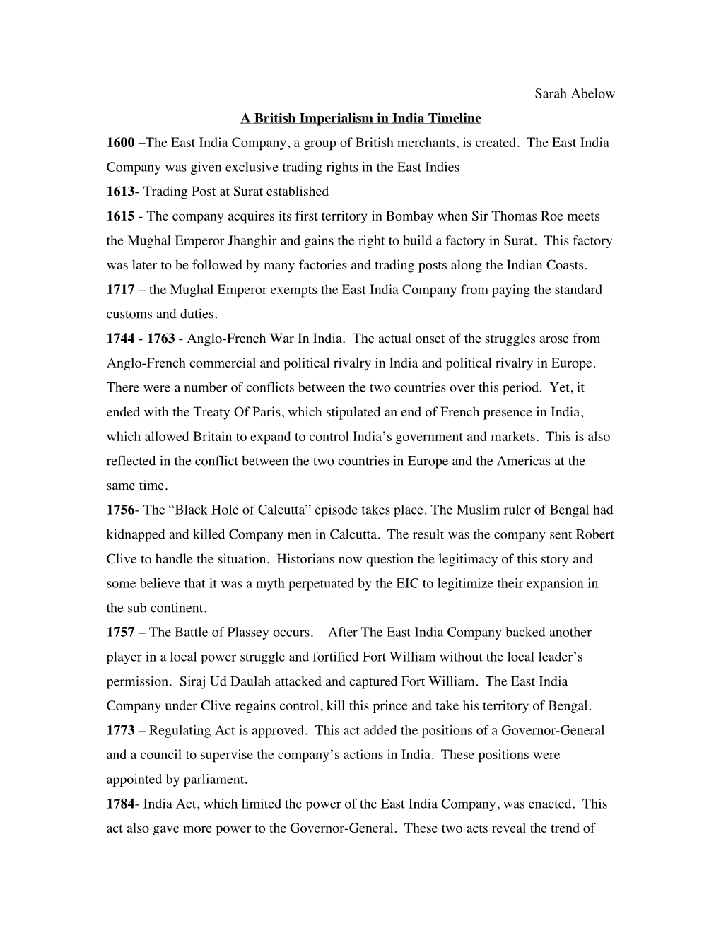 Sarah Abelow a British Imperialism in India Timeline 1600 –The East India Company, a Group of British Merchants, Is Created