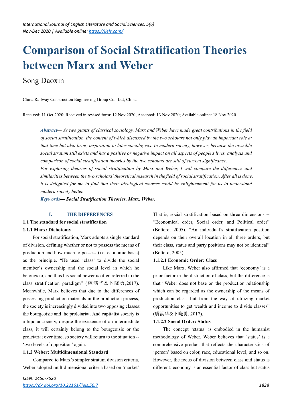 Comparison of Social Stratification Theories Between Marx and Weber Song Daoxin