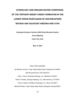 Hydrology and Ground-Water Conditions of the Tertiary Muddy Creek Formation in the Lower Virgin River Basin of Southeastern Neva
