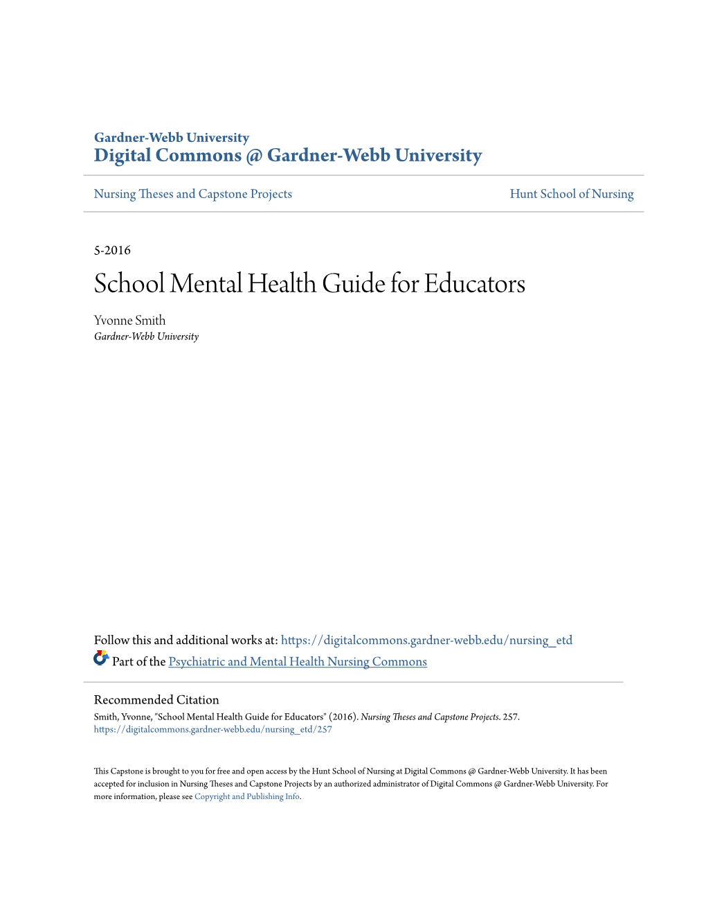 School Mental Health Guide for Educators Yvonne Smith Gardner-Webb University