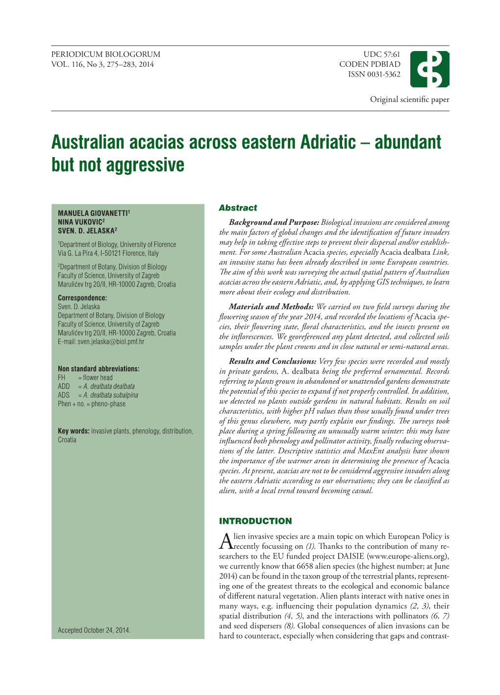 Australian Acacias Across Eastern Adriatic – Abundant but Not Aggressive