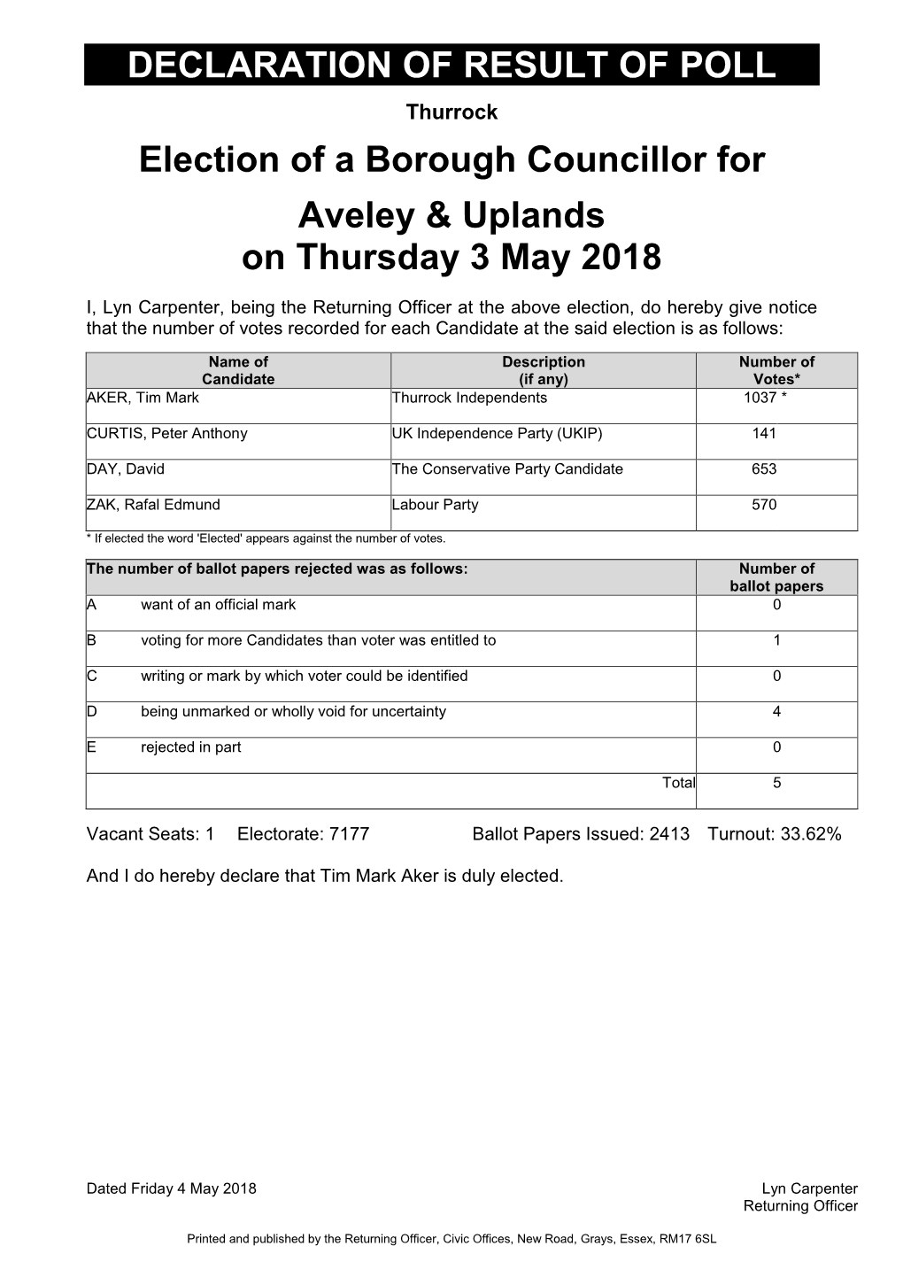 Declaration of Result of Poll for Local Elections, 3 May 2018