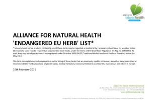 Alliance for Natural Health 'Endangered Eu Herb' List*