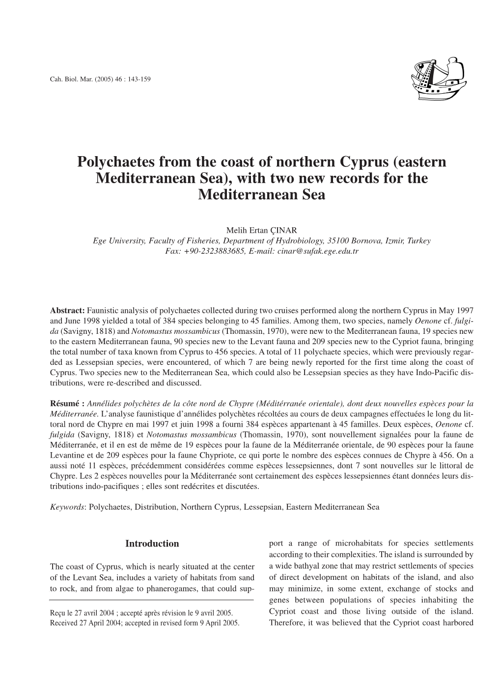 Polychaetes from the Coast of Northern Cyprus (Eastern Mediterranean Sea), with Two New Records for the Mediterranean Sea