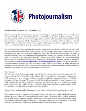 Photojournalism Equipment List – Revised June 2019
