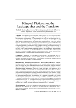 Bilingual Dictionaries, the Lexicographer and the Translator