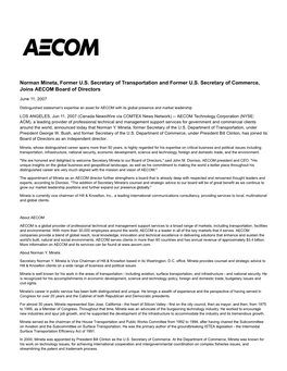 Norman Mineta, Former U.S. Secretary of Transportation and Former U.S. Secretary of Commerce, Joins AECOM Board of Directors