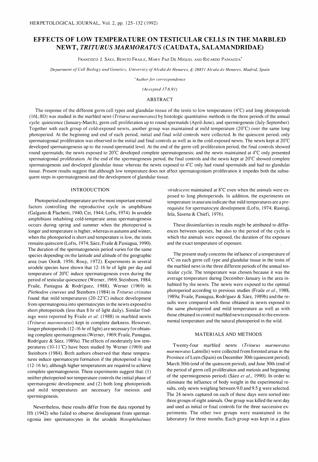 Effects of Low Temperature on Testicular Cells in the Marbled Newt, Triturus Marmoratus (Caudata, Salamandridae)