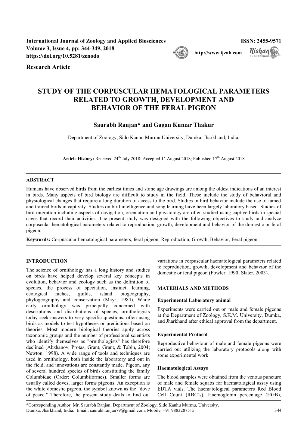 Study of the Corpuscular Hematological Parameters Related to Growth, Development and Behavior of the Feral Pigeon