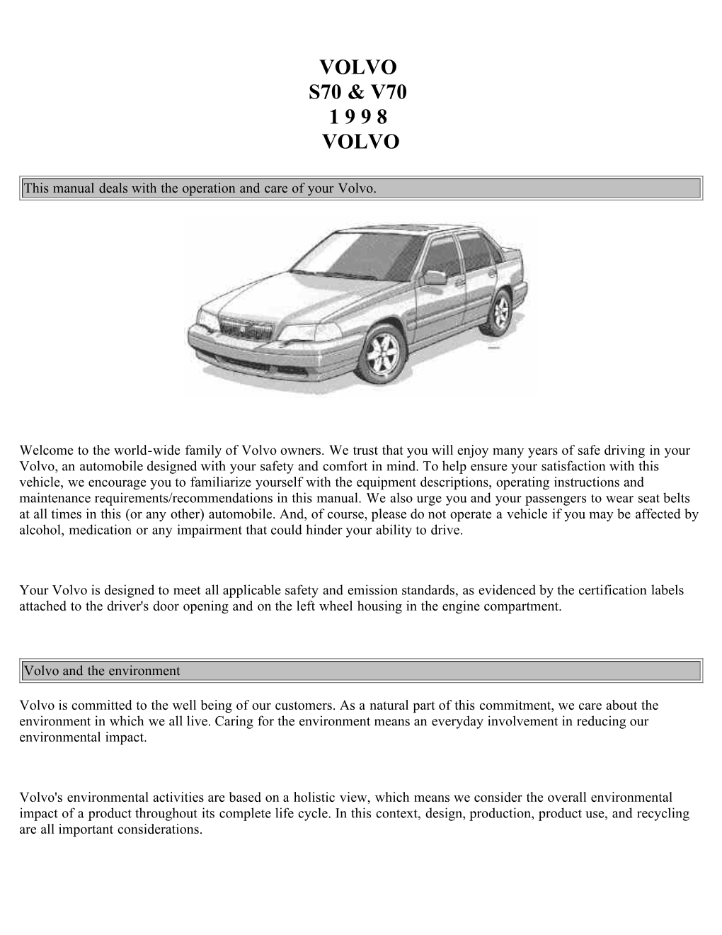 Volvo S70 & V70 1 9 9 8 Volvo