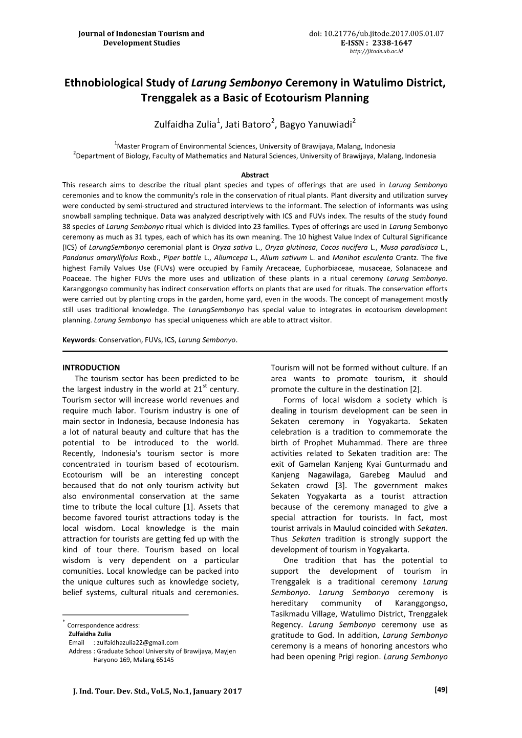 Ethnobiological Study of Larung Sembonyo Ceremony in Watulimo District, Trenggalek As a Basic of Ecotourism Planning