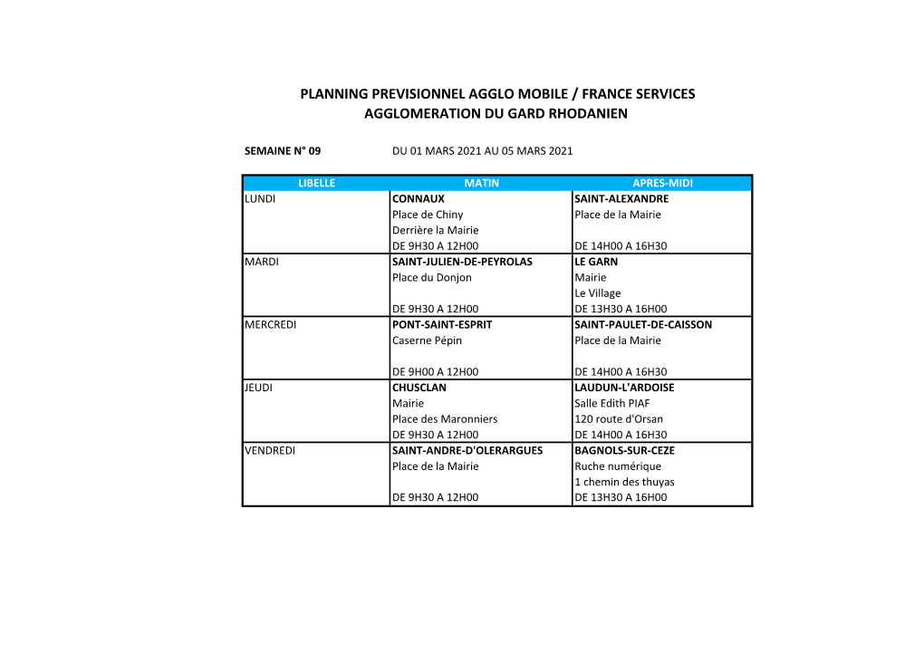 Planning Previsionnel Agglo Mobile / France Services Agglomeration Du Gard Rhodanien