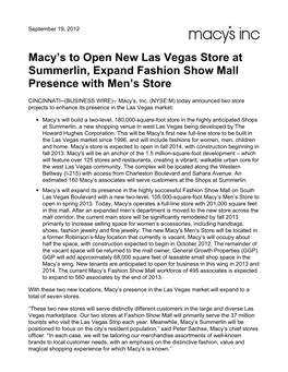 Macy's to Open New Las Vegas Store at Summerlin