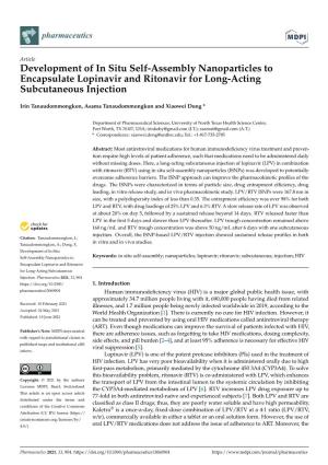 Development of in Situ Self-Assembly Nanoparticles to Encapsulate Lopinavir and Ritonavir for Long-Acting Subcutaneous Injection